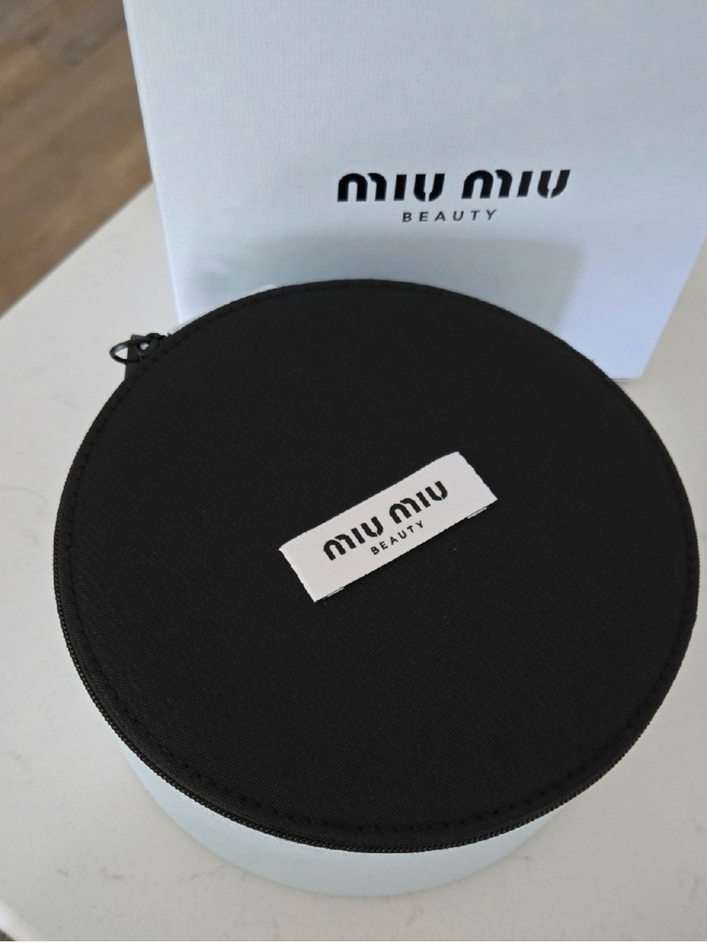 Miu Miu Black and Pale Blue Round Zip Storage Case-NWT